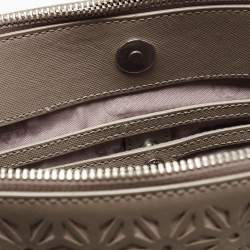 Pre Owned Tory Burch Grey Floral Laser Cut Leather Double Zip Robinson Tote