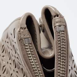 Pre Owned Tory Burch Grey Floral Laser Cut Leather Double Zip Robinson Tote