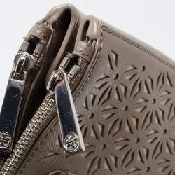 Pre Owned Tory Burch Grey Floral Laser Cut Leather Double Zip Robinson Tote