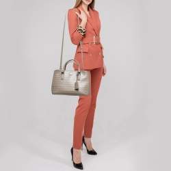 Pre Owned Tory Burch Grey Floral Laser Cut Leather Double Zip Robinson Tote