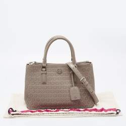Pre Owned Tory Burch Grey Floral Laser Cut Leather Double Zip Robinson Tote