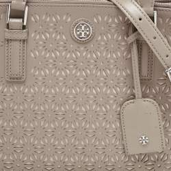 Pre Owned Tory Burch Grey Floral Laser Cut Leather Double Zip Robinson Tote