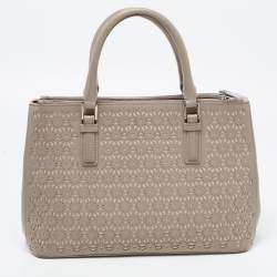 Pre Owned Tory Burch Grey Floral Laser Cut Leather Double Zip Robinson Tote