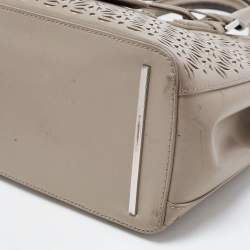 Pre Owned Tory Burch Grey Floral Laser Cut Leather Double Zip Robinson Tote