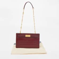 Pre Owned Tory Burch Burgundy Croc Embossed Leather Lee Radziwill Chain Shoulder Bag