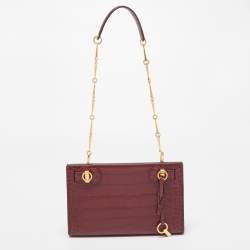 Pre Owned Tory Burch Burgundy Croc Embossed Leather Lee Radziwill Chain Shoulder Bag