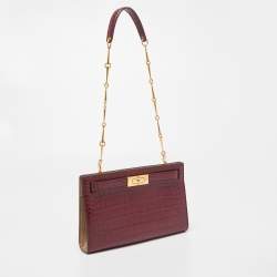 Pre Owned Tory Burch Burgundy Croc Embossed Leather Lee Radziwill Chain Shoulder Bag