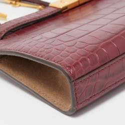 Pre Owned Tory Burch Burgundy Croc Embossed Leather Lee Radziwill Chain Shoulder Bag