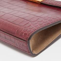 Pre Owned Tory Burch Burgundy Croc Embossed Leather Lee Radziwill Chain Shoulder Bag