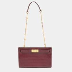 Pre Owned Tory Burch Burgundy Croc Embossed Leather Lee Radziwill Chain Shoulder Bag
