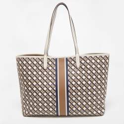 Pre Owned Tory Burch White/Multicolor Coated Canvas and Leather Geo Shopper Tote