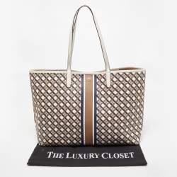 Pre Owned Tory Burch White/Multicolor Coated Canvas and Leather Geo Shopper Tote