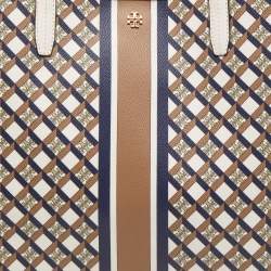 Pre Owned Tory Burch White/Multicolor Coated Canvas and Leather Geo Shopper Tote