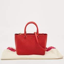 Pre Owned Tory Burch Red Perforated Leather Robinson Double Zip Tote