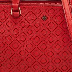 Pre Owned Tory Burch Red Perforated Leather Robinson Double Zip Tote