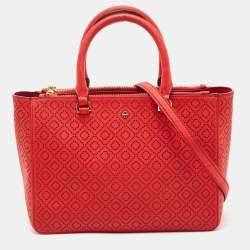 Pre Owned Tory Burch Red Perforated Leather Robinson Double Zip Tote