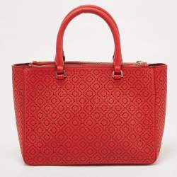 Pre Owned Tory Burch Red Perforated Leather Robinson Double Zip Tote