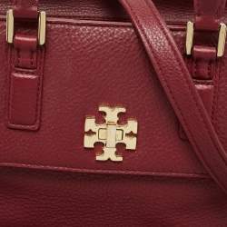Pre Owned Tory Burch Burgundy Grained Leather Turnlock Flap Tote