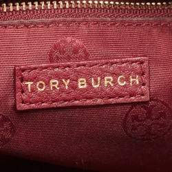 Pre Owned Tory Burch Burgundy Grained Leather Turnlock Flap Tote