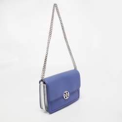 Pre Owned Tory Burch Blue/Silver Leather Chelsea Shoulder Bag