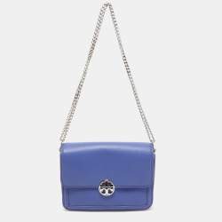 Pre Owned Tory Burch Blue/Silver Leather Chelsea Shoulder Bag