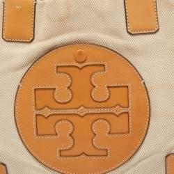 Pre Owned Tory Burch Beige/Off White Canvas and Leather Ella Tote