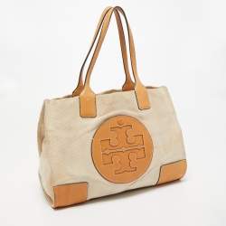 Pre Owned Tory Burch Beige/Off White Canvas and Leather Ella Tote