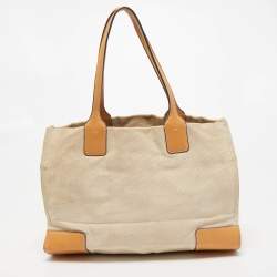 Pre Owned Tory Burch Beige/Off White Canvas and Leather Ella Tote