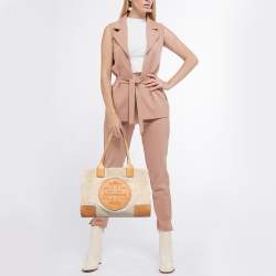 Pre Owned Tory Burch Beige/Off White Canvas and Leather Ella Tote