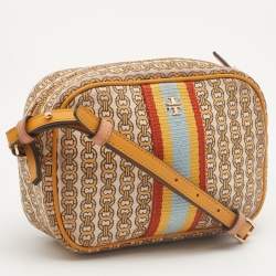 Pre Owned Tory Burch Yellow/Beige Coated Canvas Crossbody Bag