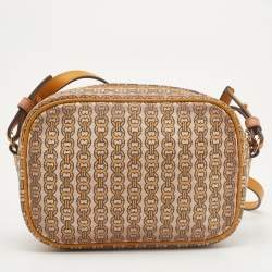 Pre Owned Tory Burch Yellow/Beige Coated Canvas Crossbody Bag