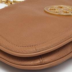 Pre Owned Tory Burch Tan Leather Amanda Logo Crossbody Bag