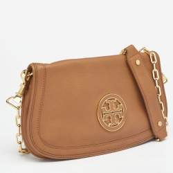 Pre Owned Tory Burch Tan Leather Amanda Logo Crossbody Bag