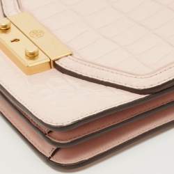 Pre Owned Tory Burch Pink Croc Embossed Leather Mini Juliette Top Handle Bag