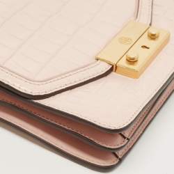 Pre Owned Tory Burch Pink Croc Embossed Leather Mini Juliette Top Handle Bag