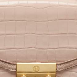 Pre Owned Tory Burch Pink Croc Embossed Leather Mini Juliette Top Handle Bag