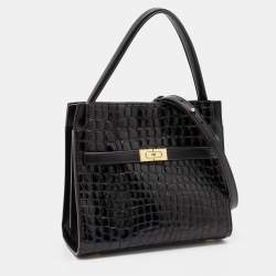 Pre Owned Tory Burch Black Croc Embossed Leather and Suede Small Lee Radziwill Double Bag