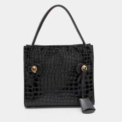 Pre Owned Tory Burch Black Croc Embossed Leather and Suede Small Lee Radziwill Double Bag