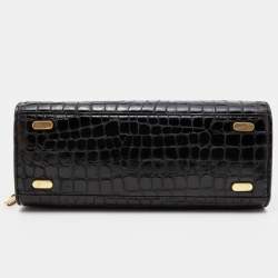 Pre Owned Tory Burch Black Croc Embossed Leather and Suede Small Lee Radziwill Double Bag