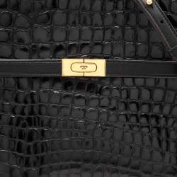 Pre Owned Tory Burch Black Croc Embossed Leather and Suede Small Lee Radziwill Double Bag