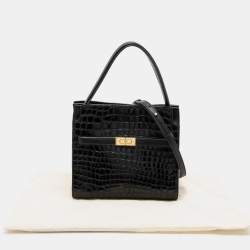Pre Owned Tory Burch Black Croc Embossed Leather and Suede Small Lee Radziwill Double Bag