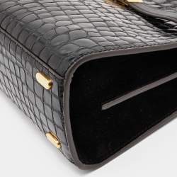 Pre Owned Tory Burch Black Croc Embossed Leather and Suede Small Lee Radziwill Double Bag