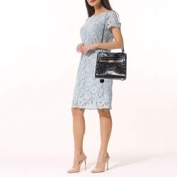 Pre Owned Tory Burch Black Croc Embossed Leather and Suede Small Lee Radziwill Double Bag