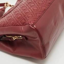 Pre Owned Tory Burch Dark Red Quilted Leather Fleming Chain Tote