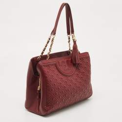 Pre Owned Tory Burch Dark Red Quilted Leather Fleming Chain Tote