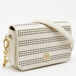 Pre Owned Tory Burch Off White Perforated Leather Robinson Flap Crossbody Bag