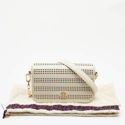 Pre Owned Tory Burch Off White Perforated Leather Robinson Flap Crossbody Bag