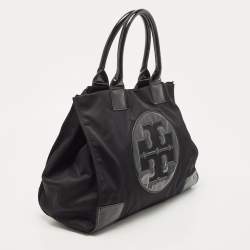 Pre Owned Tory Burch Black Patent Leather and Nylon Large Ella Tote