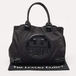 Pre Owned Tory Burch Black Patent Leather and Nylon Large Ella Tote