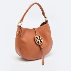 Pre Owned Tory Burch Brown Leather Miller Metal-Logo Mini Hobo